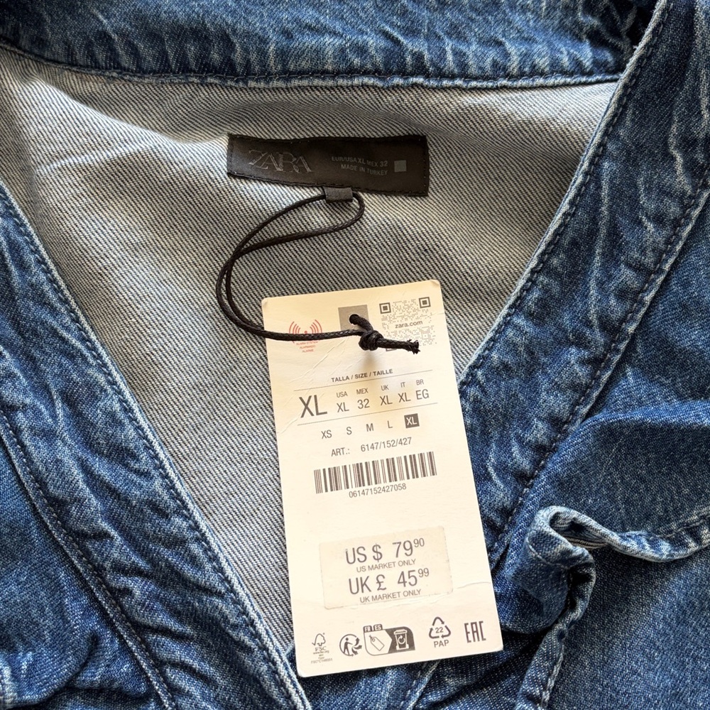 Zara  Ruffled Denim shirt blouse/ Jacket 3/4 sleeves nwt - Picture 4 of 12